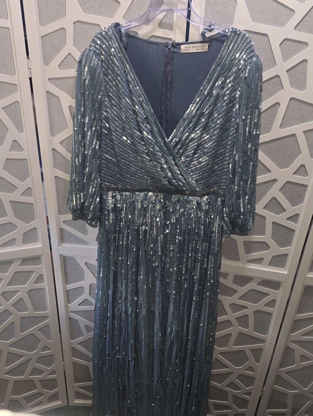 Mac Duggal Slate Blue Sequined V-Neck Long Sleeve Gown
